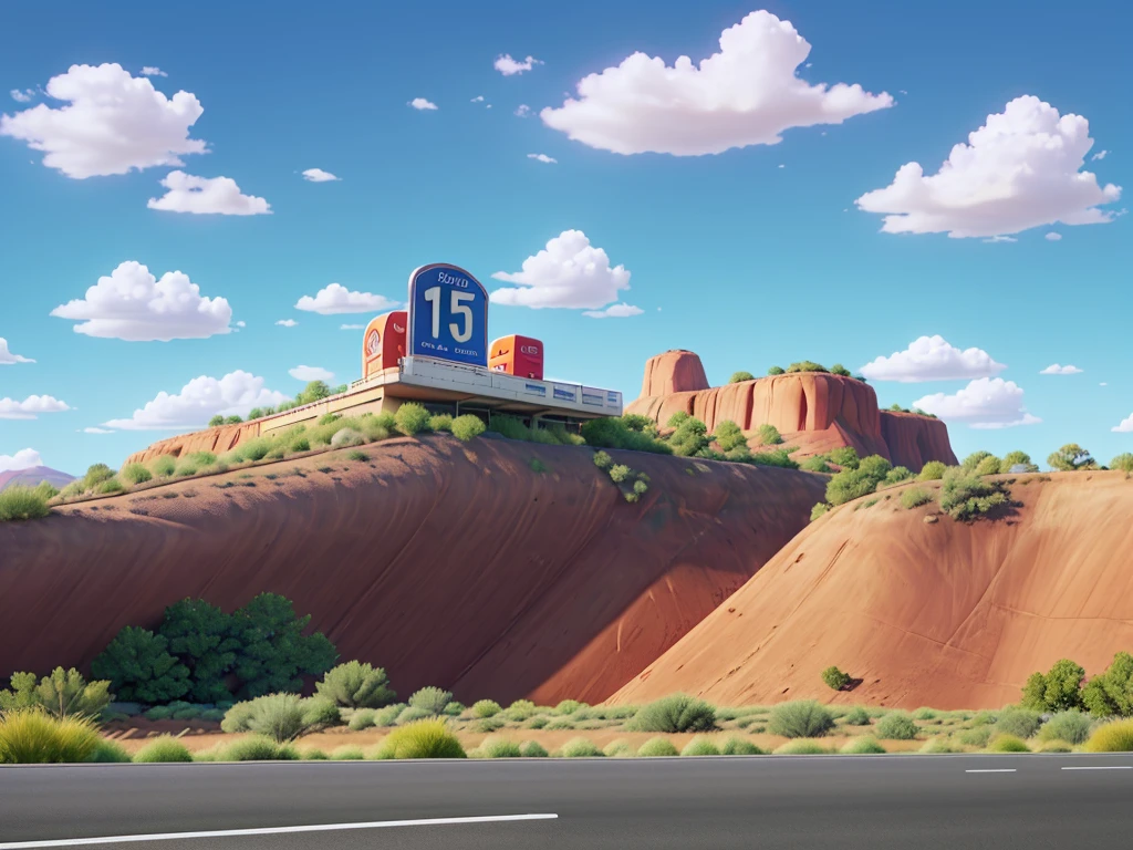 Image in aspect ratio 4:3; Highway scenery; blue and lilac sky; green vegetation; Route 66 sign on the side of the highway; gray highway; disney pixar style; qualidade hd; photo angle taken 150cm from the ground ; High definition; Canyons; Cactos
