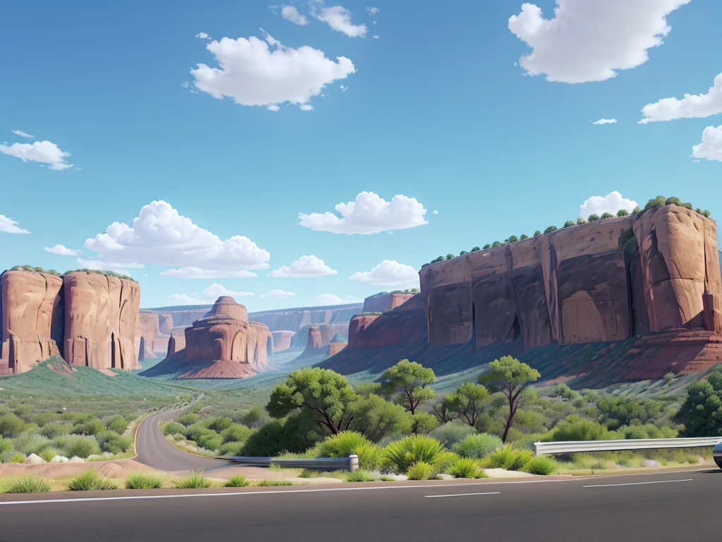Image in aspect ratio 4:3; Highway scenery; blue and lilac sky; green vegetation; Route 66 sign on the side of the highway; gray highway; disney pixar style; qualidade hd; photo angle taken 150cm from the ground ; High definition; Canyons; Cactos