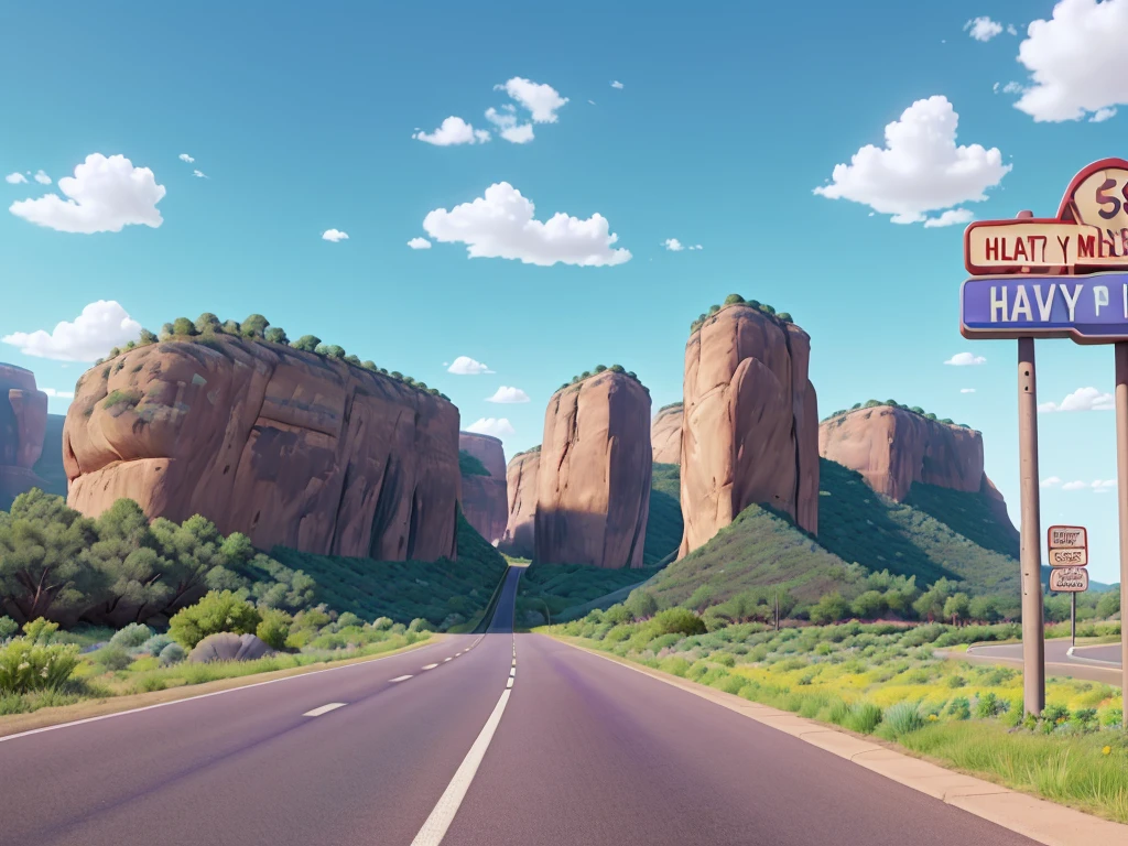 Image in aspect ratio 4:3; Highway scenery; blue and lilac sky; green vegetation; Route 66 sign on the side of the highway; gray highway; disney pixar style; qualidade hd; photo angle taken 150cm from the ground ; High definition; Canyons; Cactos