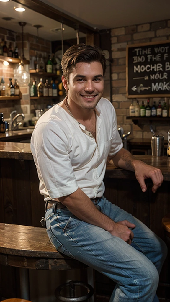 perfect detailed, man plumber, sitting in the night bar, smile, There will be a bar in the background
