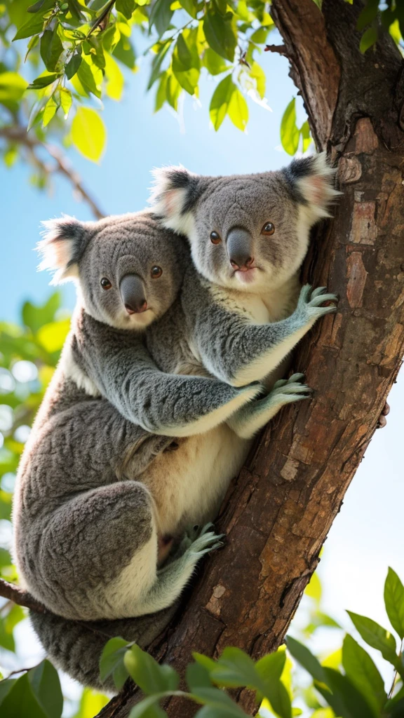Highest quality, High resolution, Super detailed, Vibrant colors, Bokeh, Cute koalas, detailed fur texture, Beautiful attention to detail, fluffy ears, Unique tree branches, Soft sunlight, green々and green leaves, Peaceful atmosphere, Australian wildlife, Natural habitat