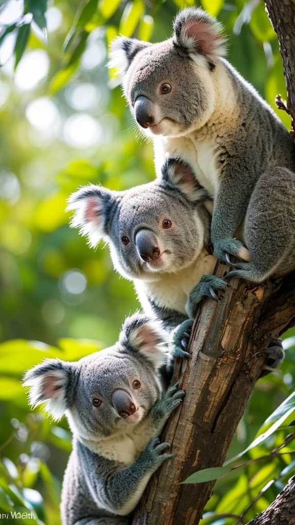 Highest quality, High resolution, Super detailed, Vibrant colors, Bokeh, Cute koalas, detailed fur texture, Beautiful attention to detail, fluffy ears, Unique tree branches, Soft sunlight, green々and green leaves, Peaceful atmosphere, Australian wildlife, Natural habitat