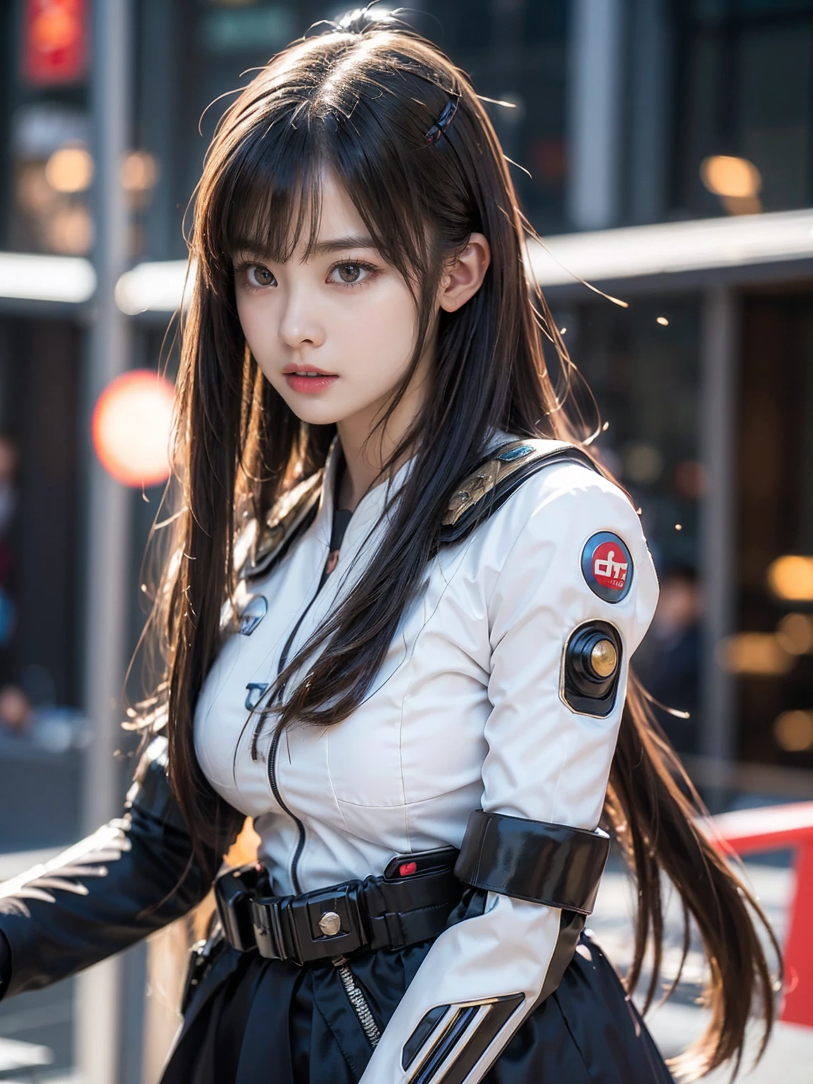 (Close-up:1.4)、(RAW shooting:1.2)、(Photorealistic:1.4)、(masterpiece:1.3)、(Highest quality:1.4)、(Beautiful woman with a perfect body:1.4)、A woman standing in front of a group of robots、Beautiful android woman、Beautiful female soldier、girl in suit、Complex combat uniform、Beautiful young Japanese woman、Highly detailed face and skin texture、Detailed big eyes、double eyelid、Cute face、(Short Bob:1.2)、(Big Breasts)、(Thigh)、Cowboy Shot、(Angry expression:1.2)、Storm and epic war scenes、Cyberpunk Scene、night、illumination、Plug Suit、Battle suit damage、