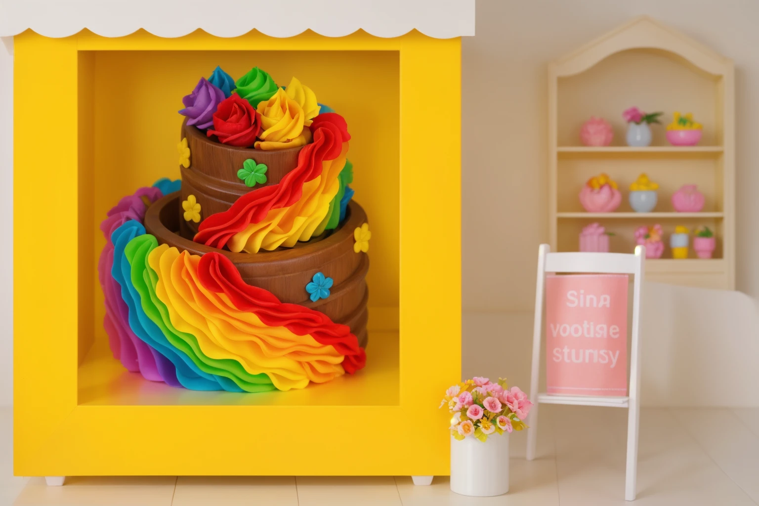 worth a toy plastic yellow store, there is a plastic banner next to it, next to it is a vase of flowers, next to the wall hangs a wooden shelf with carvings on which lie bright sweets, scene shop bakery,  Beautiful light from the window, contour light, Multiple light sources, beautiful lighting, Bright light source, bright lighting, beautiful light sources, Multiple light sources, Realistic style , realistic texture, detailed texture, A high resolution, high quality, realistic photo, ultra hd 4k,