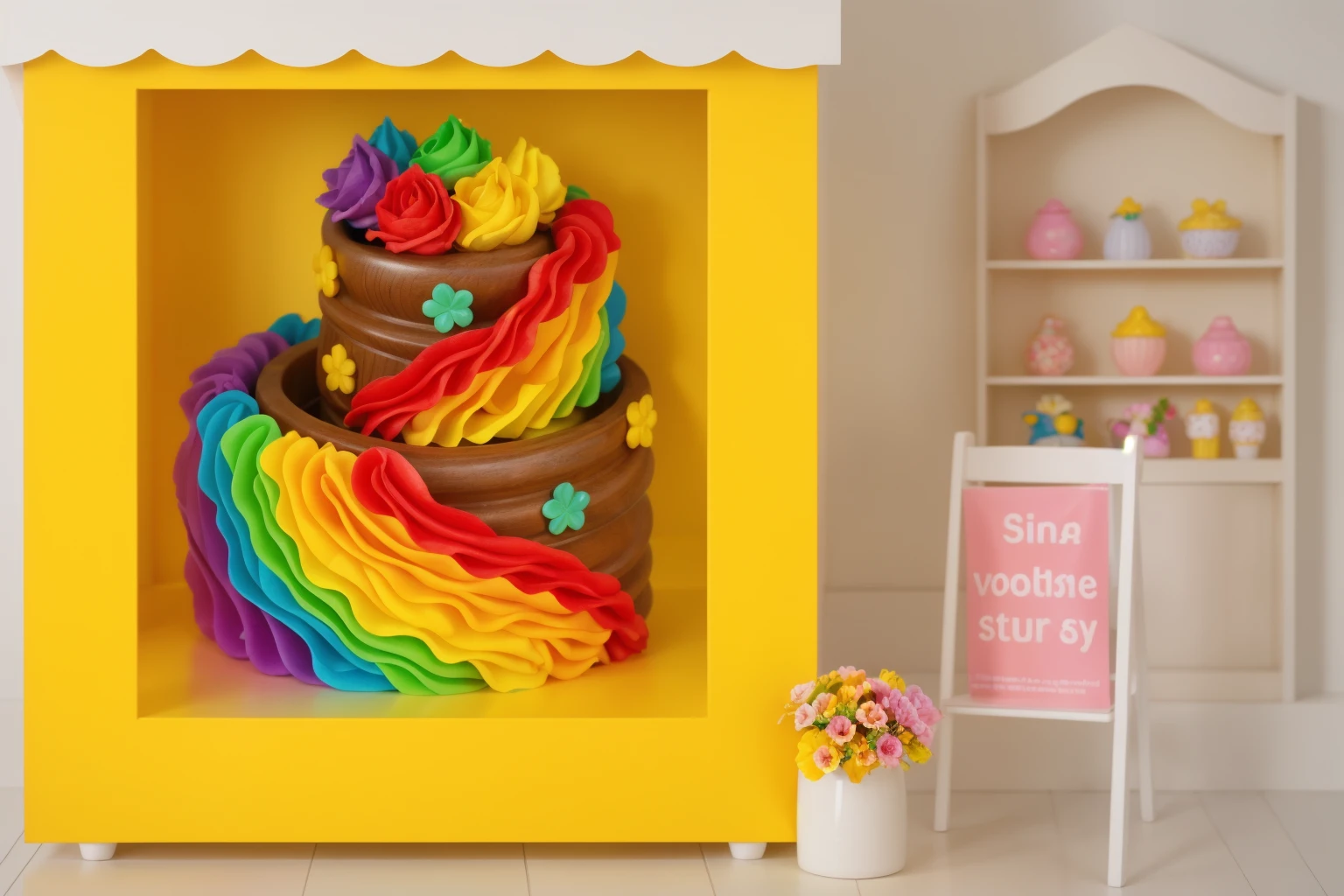 worth a toy plastic yellow store, there is a plastic banner next to it, next to it is a vase of flowers, next to the wall hangs a wooden shelf with carvings on which lie bright sweets, scene shop bakery, Beautiful light from the window, contour light, Multiple light sources, beautiful lighting, Bright light source, bright lighting, beautiful light sources, Multiple light sources, Realistic style , realistic texture, detailed texture, A high resolution, high quality, realistic photo, ultra hd 4k,