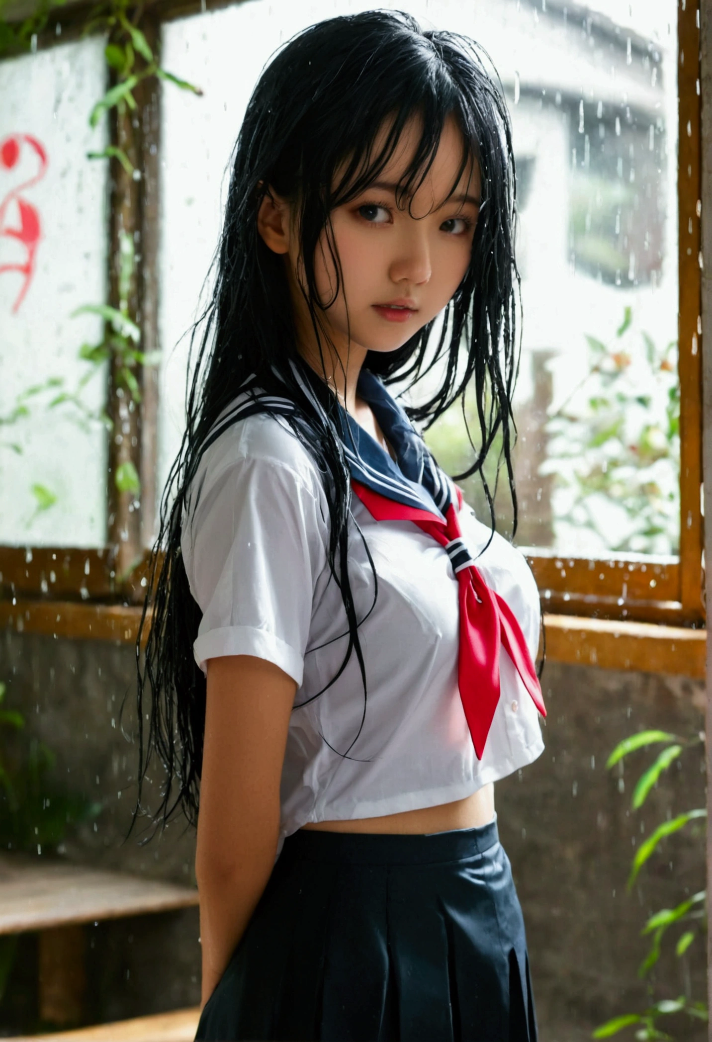 ((Nipples visible through a wet white shirt))、No underwear、Full body view、Long straight black hair、high school student、uniform、sexy、bra、Japanese、、