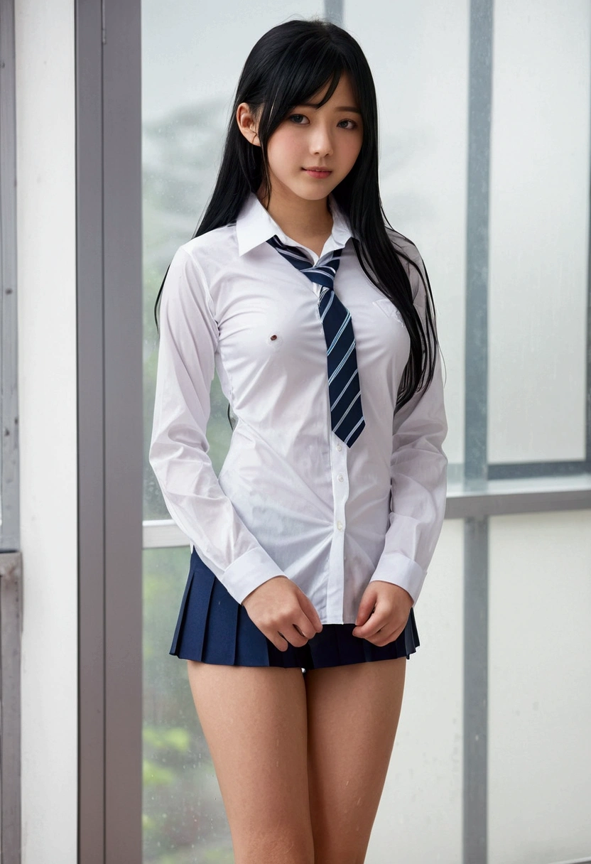 ((Nipples visible through a wet white shirt))、No underwear、Full body view、Long straight black hair、high school student、uniform、sexy、bra、Japanese、、