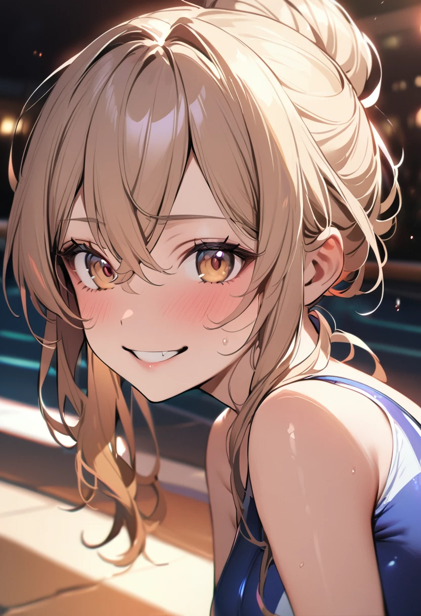 20 years old, blonde hair, long hair, wavy hair, light brown eyes, huge breasts, evil smile, blush, 
BREAK (masterpiece), (high resolution 8K), cinematic lighting, professional lighting, detailed eyes and face, detailed body, 
BREAK (2 girls:1.3), large breasts, light brown eyes, hairs between eyes, crossed bangs, purple hair, single hair bun hair, satisfied, from the front, looking side, close up, standing, blue competitive swimsuit, pool