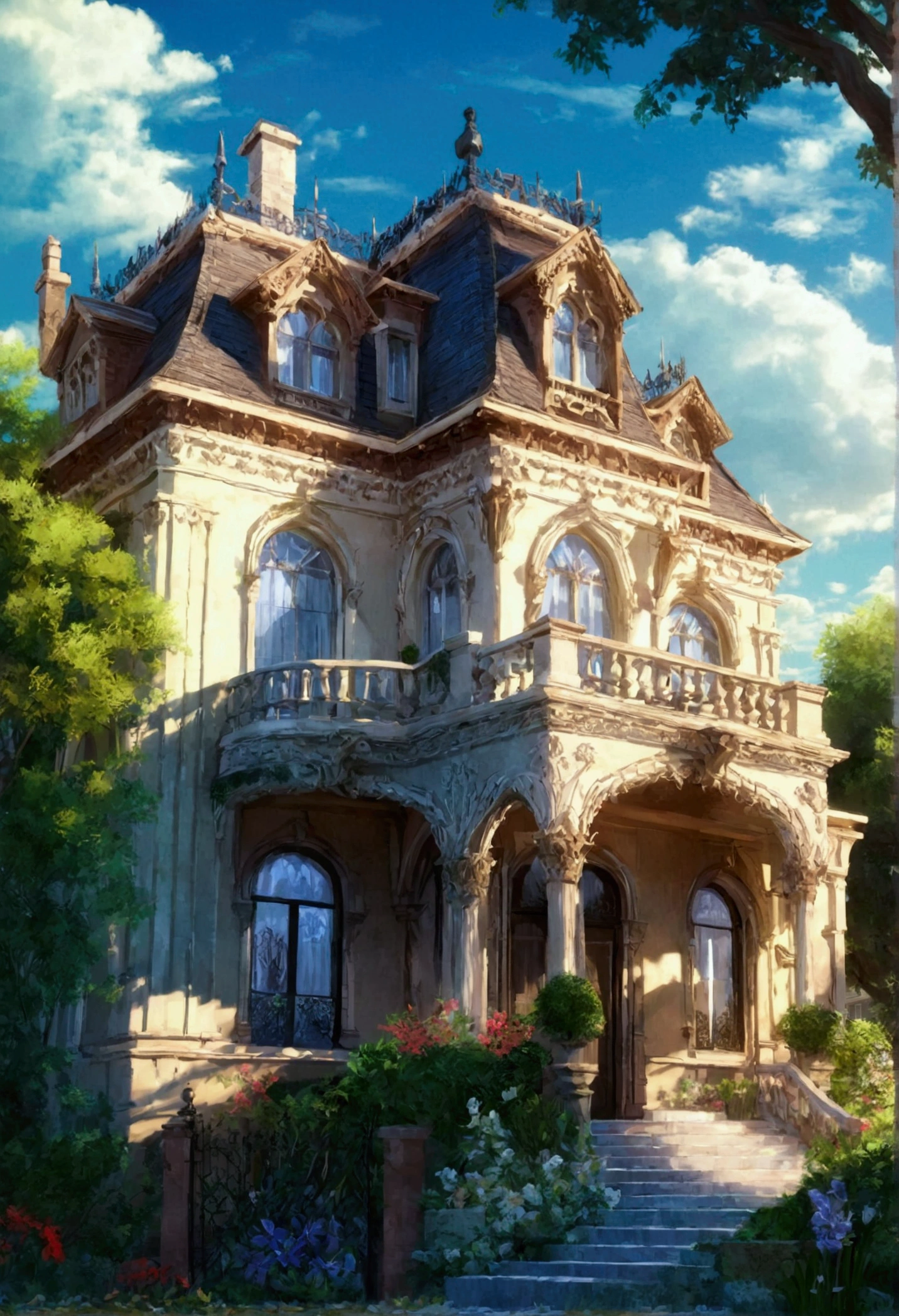 Victorian gothic mansion, entrada de uma mansion gótica, facade, mansion, era vitoriano, アニメ, scenario, scenario de アニメ