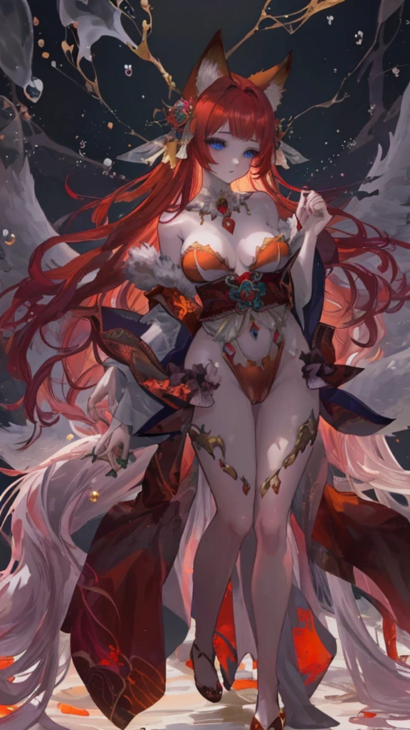 With delicately pointed fox-like ears atop her head and nine voluminous, fluffy tails cascading behind her, the enchanting figure before us embodies a mystical and ethereal beauty. This stunning portrayal, whether in a painting, photograph, or digital art, captures every nuance of her otherworldly allure. The vibrant colors of her fur, a mesmerizing blend of fiery oranges and soft creams, seem to shimmer and dance in the light, highlighting the intricate details of each tail and ear. The image is so exquisitely rendered that one can almost feel the softness of her fur and hear the gentle rustling of her tails as she moves. It is a masterful work of art that immerses viewers in a world of fantasy and wonder. and make her more sexy by giving her very big and ass give her a . give her blue eyes blood red hair and h cup chest. and a small beauty spot on her right breast. anime style Japanese hair, shiny crimson hair, Her dress has a beautiful shimmering pulsating gold pattern that gives it an extraordinary look, golden butterflies fly next to the heroine