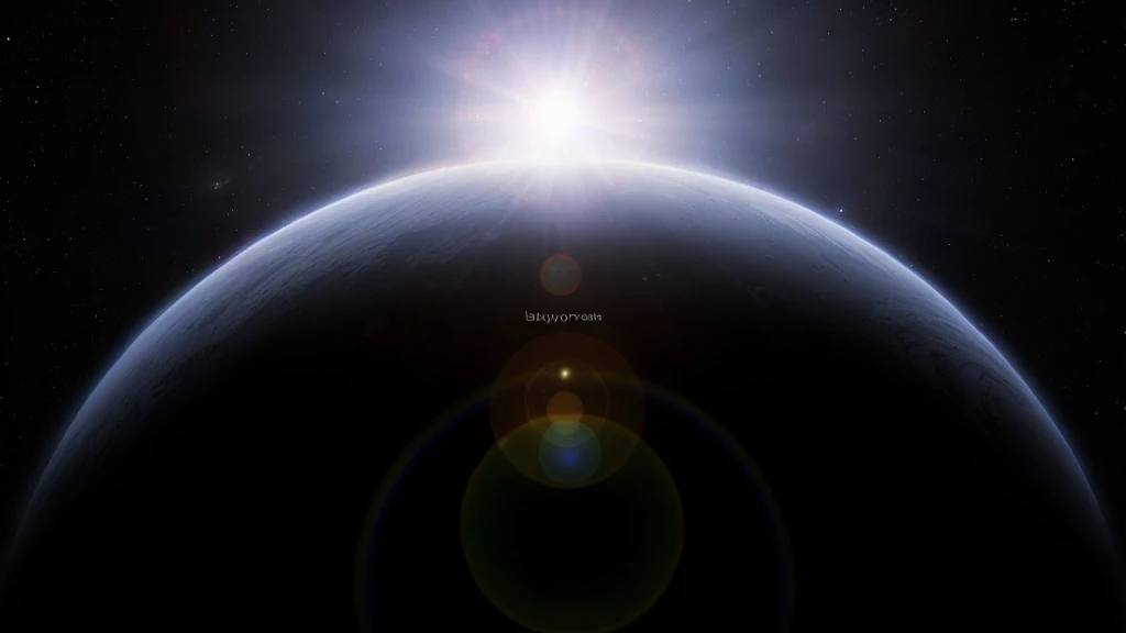 Close-up of planet with sun in background, Space Engine, Highly detailed atmosphere, subtle lens flare, space atmosphere, cosmic atmospheric light flare, Exoplanets, lens flare lighting, glowing light atmosphere, anomorphic lens flare, slight lens flare, planet in space, Volumetric light from above, Dawn atmosphere, lens flare photo real, lens flare