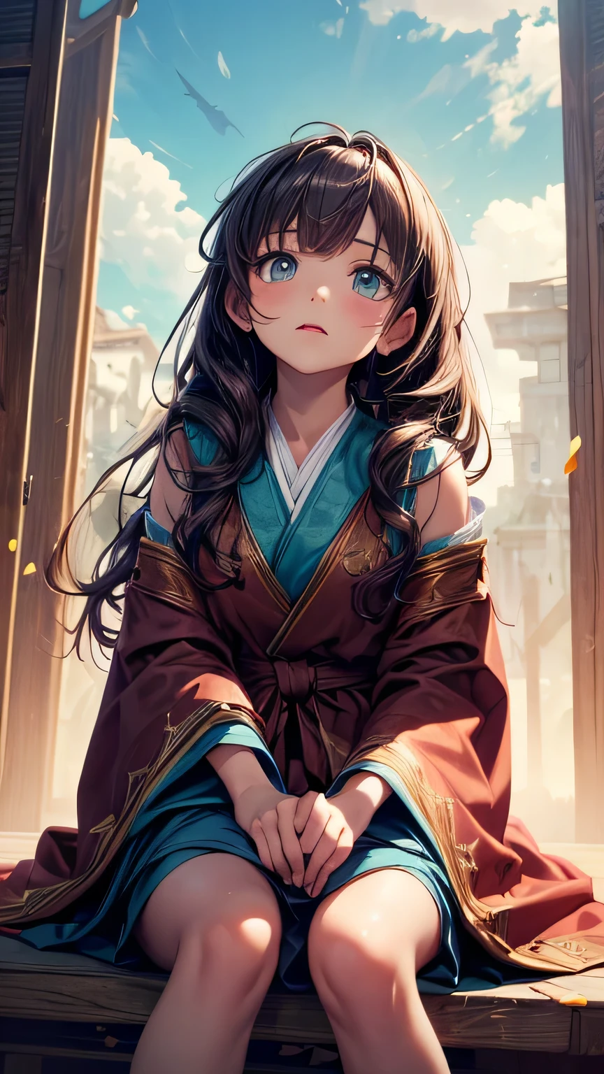 (Highest quality, masterpiece), Turquoise Screen Filter, (One girl, alone, Brown robes, expression, look up, Sitting, Wide sleeves, Iris, Long Hair, Cowboy Shot), (sunny, Cosmos field, cloud),