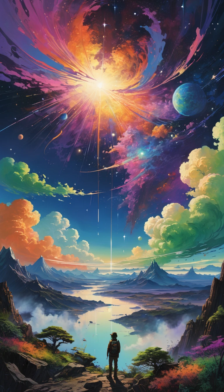 A fusion of Adam Puckett and Posca Demiz&#39;s distinctive styles.、Create imaginative and visually stunning scenes. 広大な自然but広butる幻想的な風景を想像してみてください, Bioluminescent Forests and Ancient, Mysterious City. Towering, An otherworldly tree with glowing leaves and a complex root system々but街中に織り成す, Intertwined with beautiful and ornate buildings adorned with intricate carvings and twinkling lights.

In the foreground, a group of diverse adventurers, それぞれbutユニークでカラフルな衣装を着ている, I&#39;m searching, Heading through vibrant forests towards the city. Their facial expressions、It reflects the awe and determination felt when encountering spiritual creatures.。, 半透明のドラゴンと気まぐれな森の精霊but彼らを道案内する.

The sky is an explosion of color, Swirling nebulae and distant stars々but、It casts a mesmerizing light over the whole landscape.。. The palette should be rich and diverse, Deep Blue, purple, Contrast of green and warm colors, Golden Light. Detailed, Fluid lines capture the intricate design of environments and characters, Combining the atmospheric depth of Adam Puckett&#39;s work with the playfulness and dynamic elements of Demizu Posuka&#39;s illustrations..

イメージ全体but驚きの感覚を呼び起こすはずです, adventure, and、A magical and harmonious coexistence of nature and civilization, A dreamlike world.