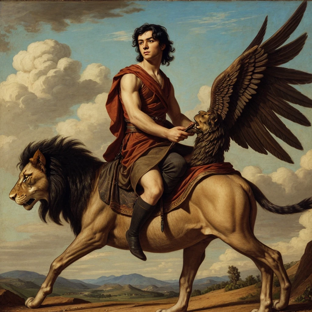 A serious boy with black hair riding on the back of a winged lion
