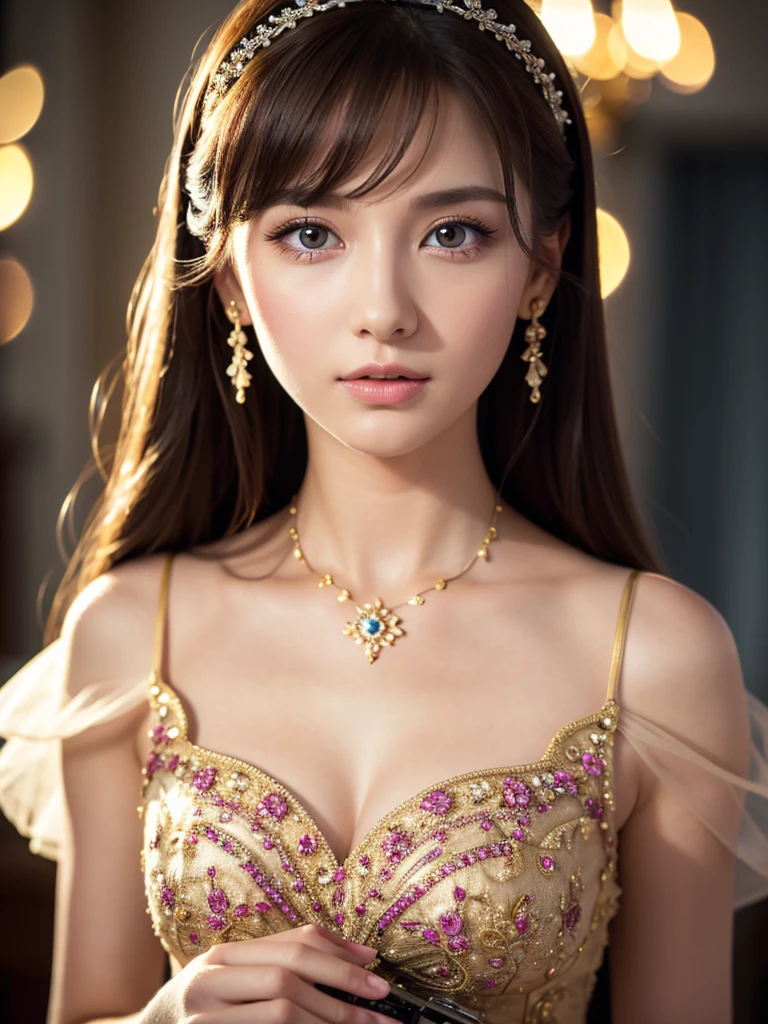 a beautiful russian woman wearing a gorgeous dress, surprised expression, cute kitten, award-winning film still, (best quality,4k,8k,highres,masterpiece:1.2),ultra-detailed,(realistic,photorealistic,photo-realistic:1.37),intricate details, cinematic lighting, highly detailed facial features, beautiful eyes, nose, lips, long eyelashes, elegant posture, flowing dress, soft focus background, vivid colors, warm lighting, award-winning photography