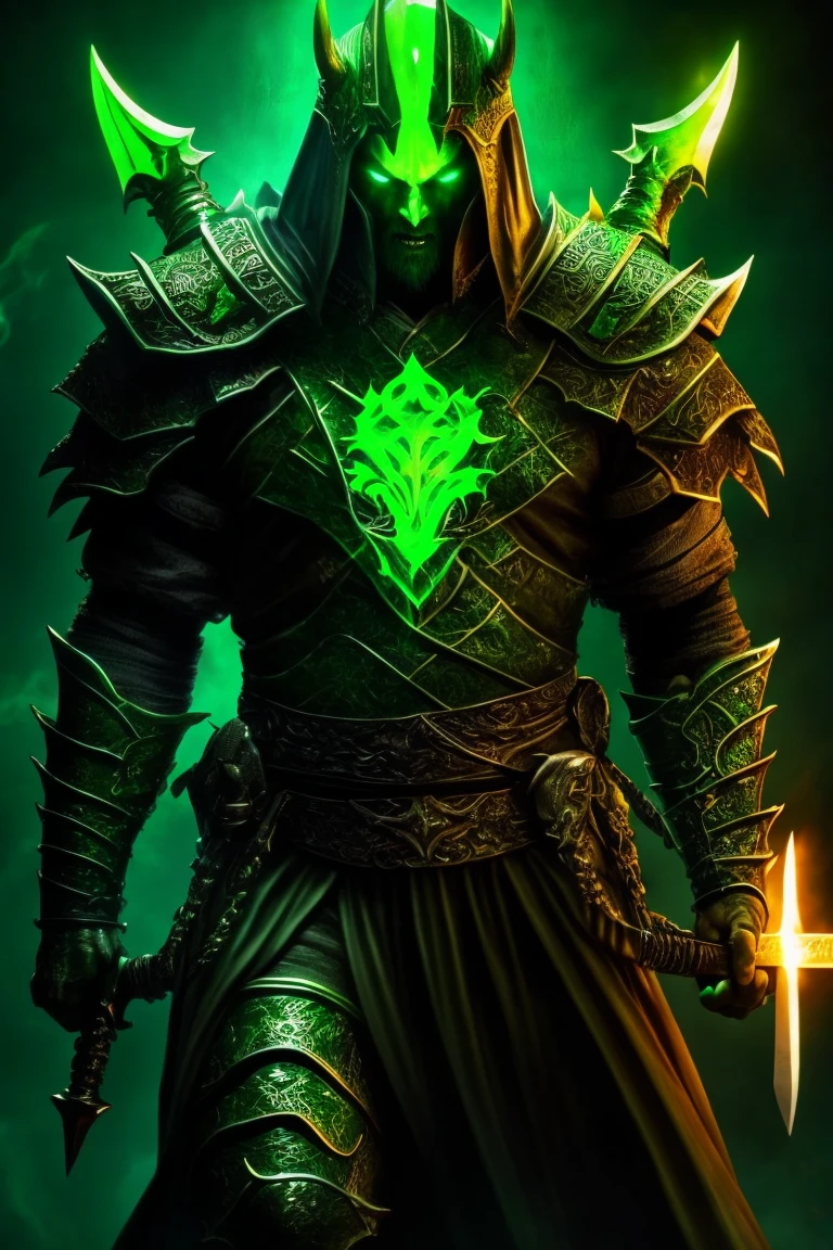 A one-armed demon with a huge sword in his hand covered in green flames
