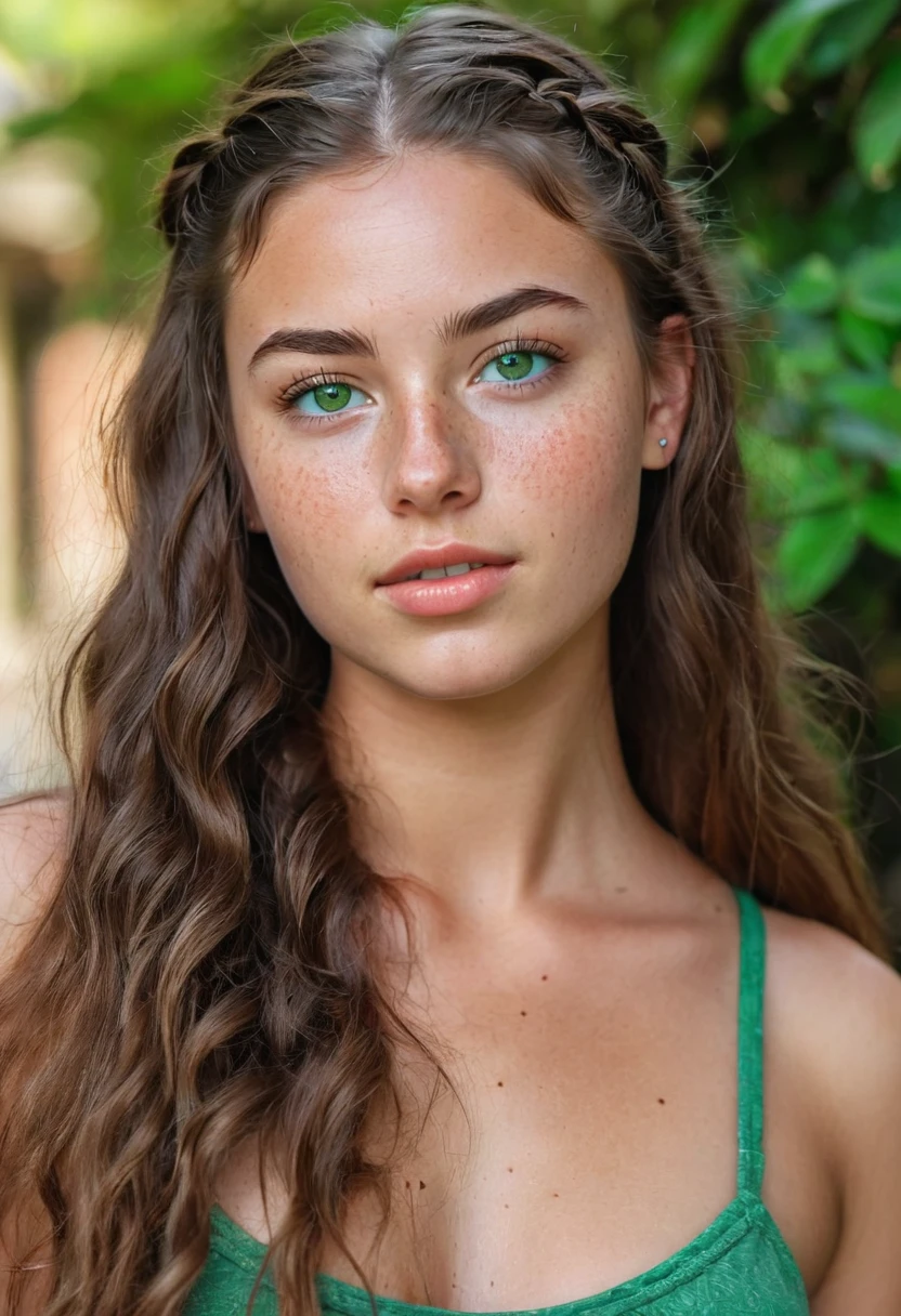 25 year old girl with wawer made waves with small braids in front of hair ((long hair)), ((freckles)), green eyes and brown hair Beautiful realistic , a 25 year old beautiful girl, brunette hair, (((bright green eyes))), youthful, big lips, small nose, thick eyebrows, round youthful cheeks, long hair, tanned skin, ((wearing a 90's inspired outfit with low waisted jeans))