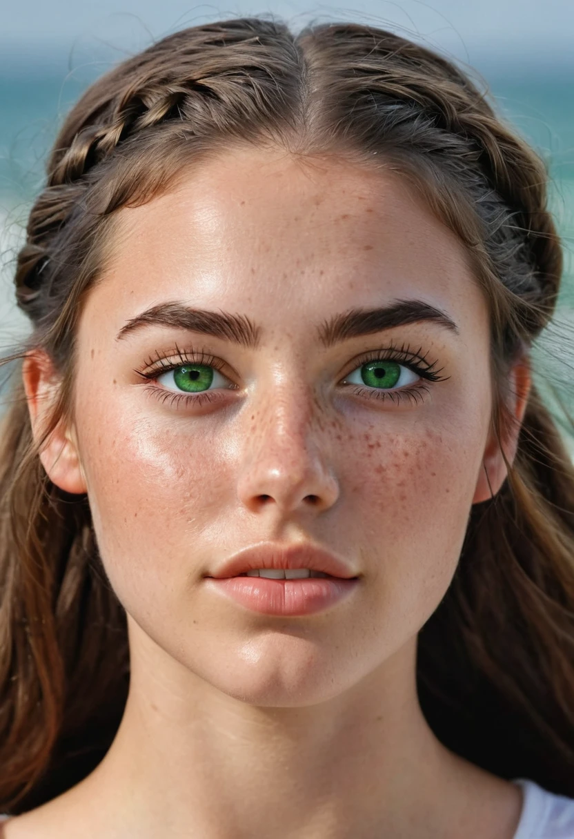 25 year old girl with wawer made waves with small braids in front of hair ((long hair)), ((freckles)), green eyes and brown hair Beautiful realistic , a 25 year old beautiful girl, brunette hair, (((bright green eyes))), youthful, big lips, small nose, thick eyebrows, round youthful cheeks, long hair, tanned skin, ((wearing a 90's inspired outfit with low waisted jeans))