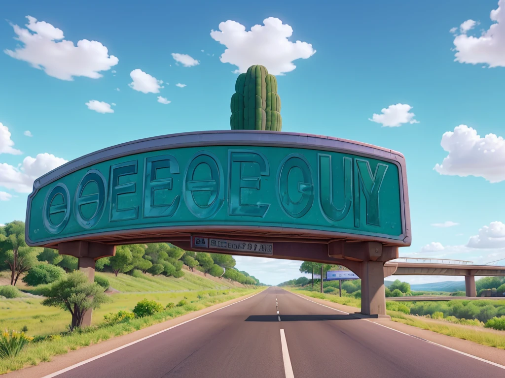 Image in aspect ratio 4:3; Highway scenery; blue and lilac sky; green vegetation; Route 66 sign on the side of the highway; gray highway; disney pixar style; qualidade hd; photo angle taken 150cm from the ground ; High definition; Cactos