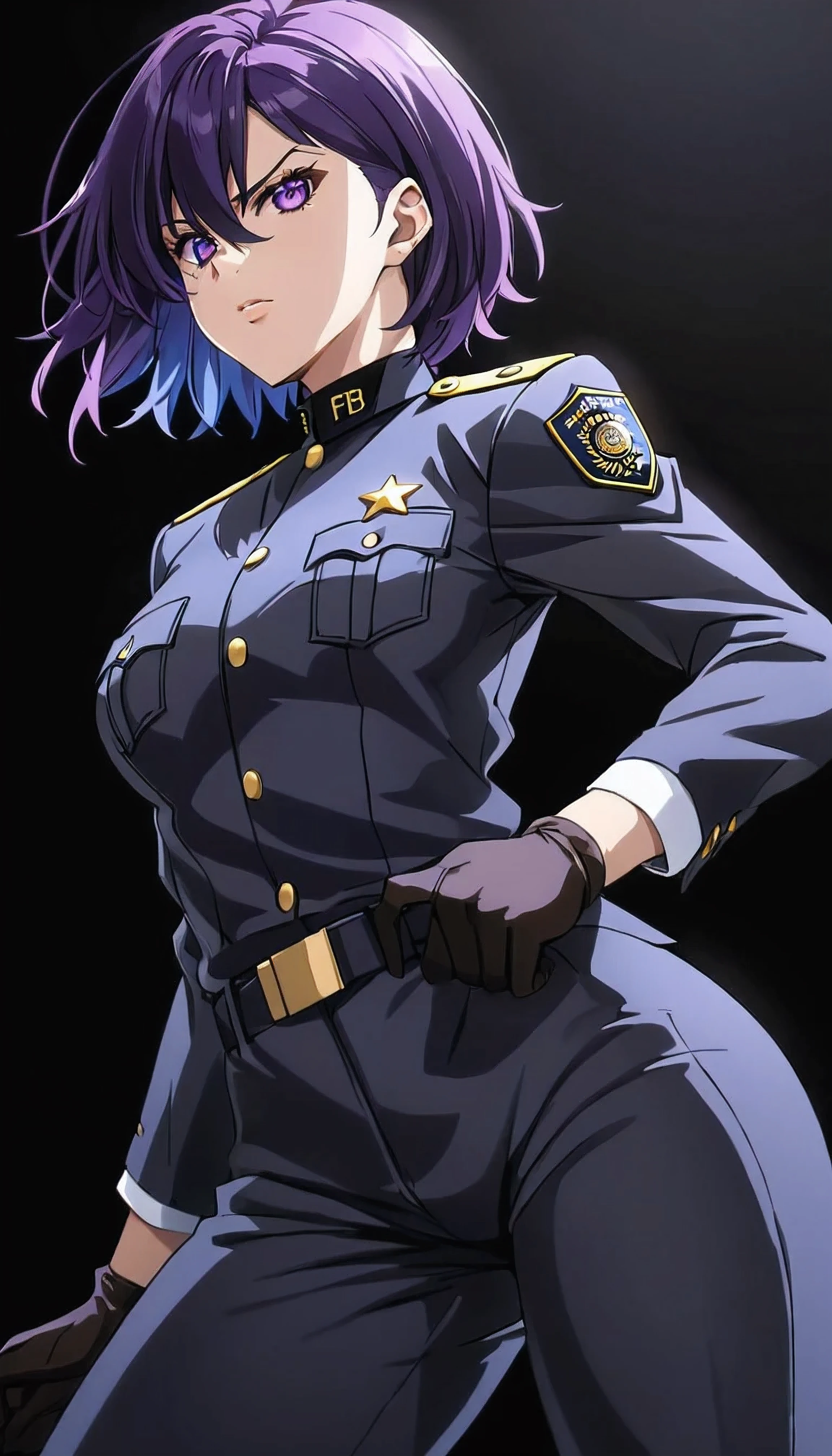 High-resolution anime digital art, Masterpiece, tomboy, mature, sexy, smart, short hair color pitch black, real detail eyes pupil purple, real anatomy body, Detail Hair, wear gloves, black chokers, wear Black FBI uniform, Serious Face, Dynamic Pose, Full Body, Alone, hyper detailed, sharp focus, physically-based rendering, (black background:1.1)