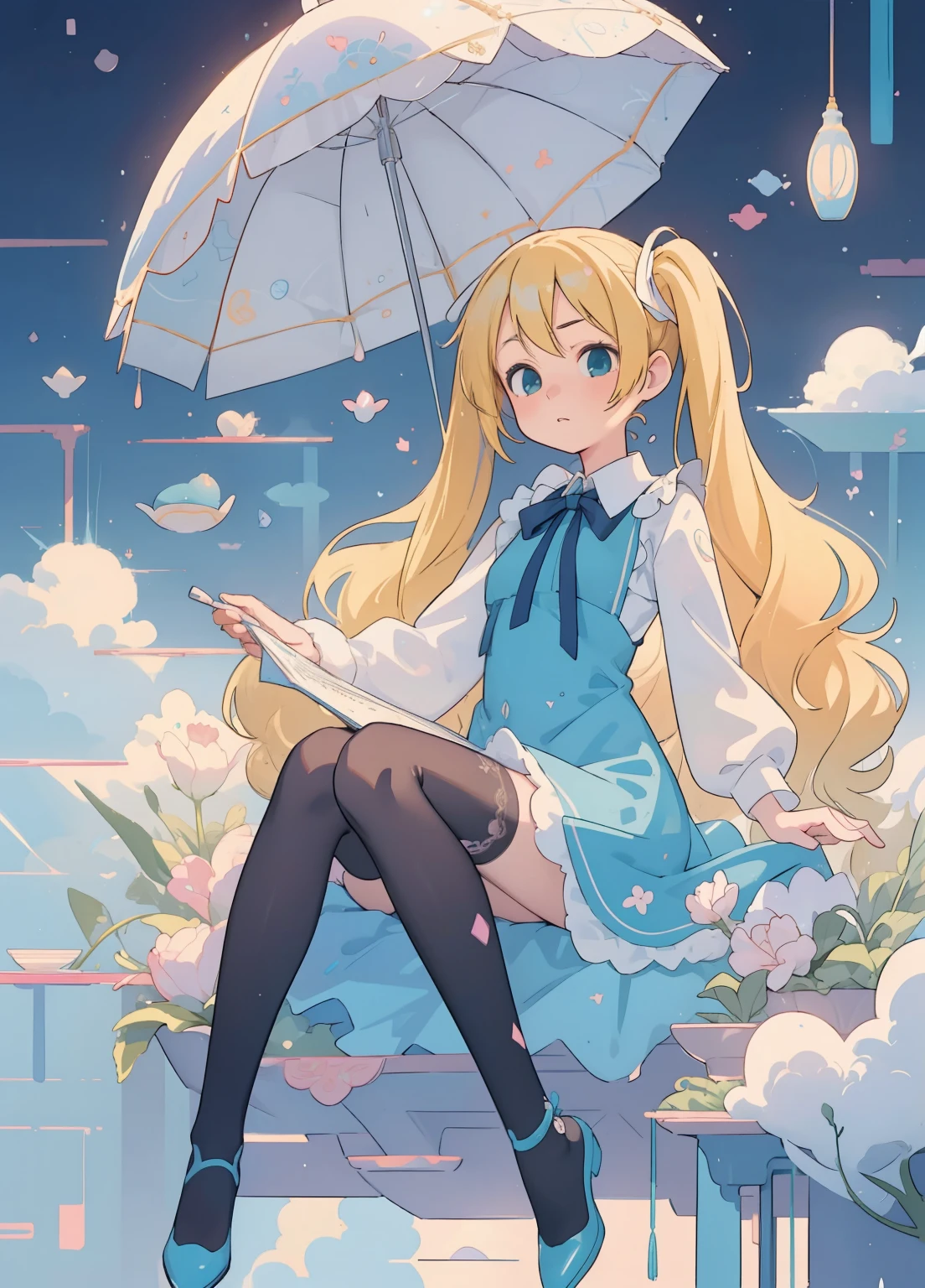 (masterpiece、Highest quality、Highest quality、Official Art、Beautiful and beautiful:1.2)、(One girl:1.3)Hatsune Miku、Twin tails,Beautiful breasts, Super detailed,(Highest quality),((masterpiece)),(High resolution),original,Highly detailed 8k wallpaper,(Very delicate and beautiful),
anime,
Alice in Wonderland,1girl blonde straight hair serious stockings sit watch ( manga-anime , Gradient by Yumei Victor Ngai),