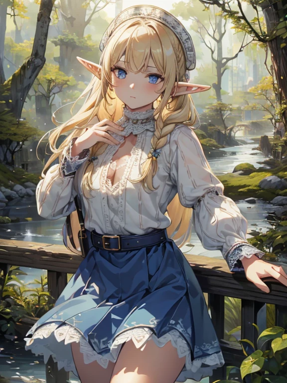 masterpiece, Highest quality, Very detailed, 16K, Ultra-high resolution、Cowboy Shot, 1 Elf girl, Detailed face、Perfect Fingers, Elf Ears, Small breasts, blue eyes, blonde, Braiding, White blouse, sweater, Best, (Checkered lace skirt:1.4), in the forest, stream, Stand on the banks of the river