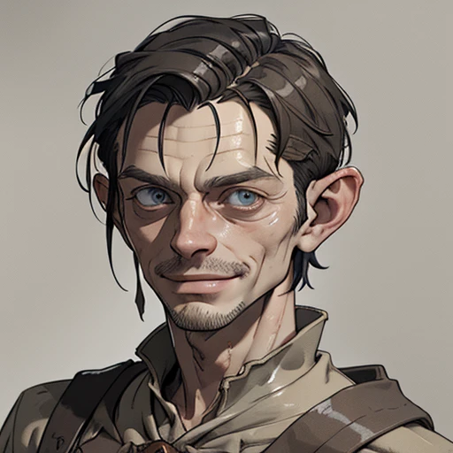 (masterpiece), (best quality),(portrait),(bust up),1boy,solo,(sharp focus),(look at viewer),smeagol, a man with a weird face and a weird haircut,hobbit,ancient long clothes,(simple background),old school fantasy art,super shiny face,Ultra Glossy Skin,medieval farmer outfit,poor outfit,farmer, smile,beige outfit