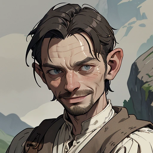 (masterpiece), (best quality),(portrait),(bust up),1boy,solo,(sharp focus),(look at viewer),smeagol, a man with a weird face and a weird haircut,hobbit,ancient long clothes,(simple background),old school fantasy art,super shiny face,Ultra Glossy Skin,medieval farmer outfit,poor outfit,farmer, smile,beige outfit