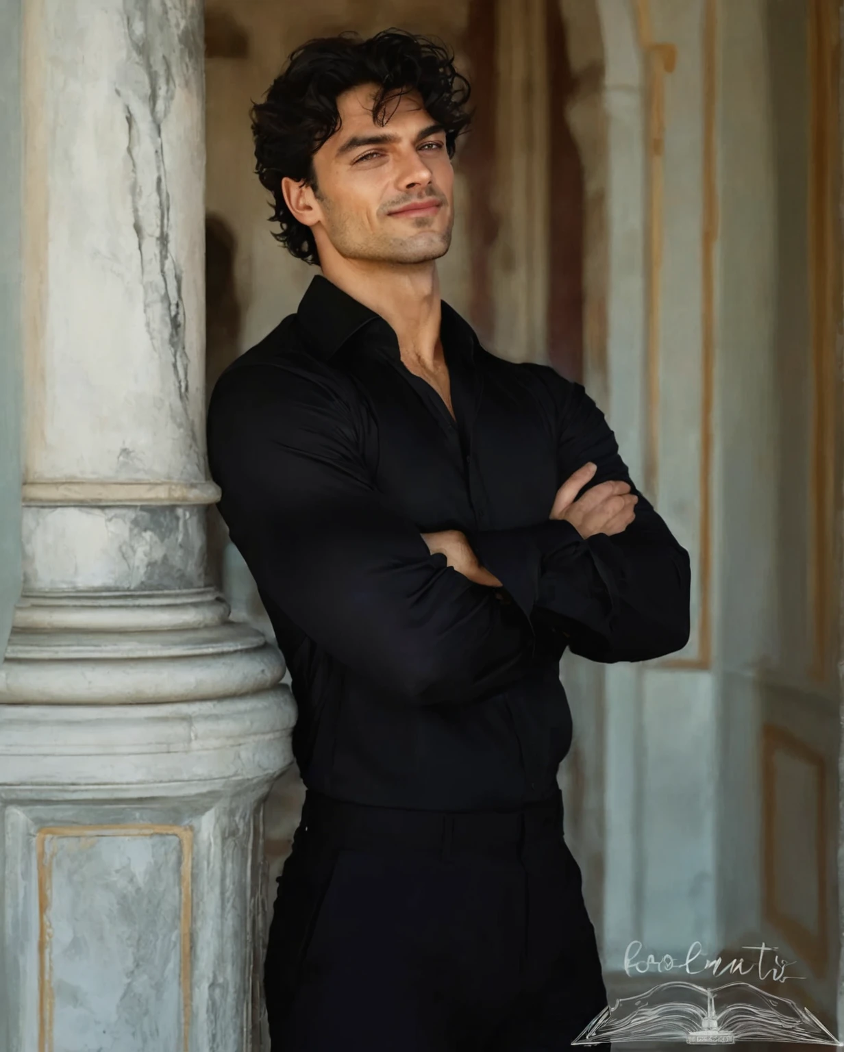 homem arafiado de camisa preta e calça preta parado em um corredor, bonito and elegant, lindo príncipe andrógino, bonito prince, federico pelat, bonito male, Rafael Personaz, luca, bonito and attractive, inspirado em Luca Zontini, bonito, com um sorriso sedutor, por Ludovit Fulla, bonito man, delicado príncipe andrógino, 1 man, inside a clandestine race track, wearing a black shirt, detailed facial features, beautiful masculine, detailed white skin, medium-length black hair wavy and messy, soft expression, dramatic lighting, cinematic composition, cold and dark colors, atmospheric fog, strong chin, manly man, night, handsome man, beautiful model face, no beard (best quality, 4K, 8K, high resolution, art: 1.2), ultra-detailed, (realistic, photorealistic, photorealistic: 1.37)