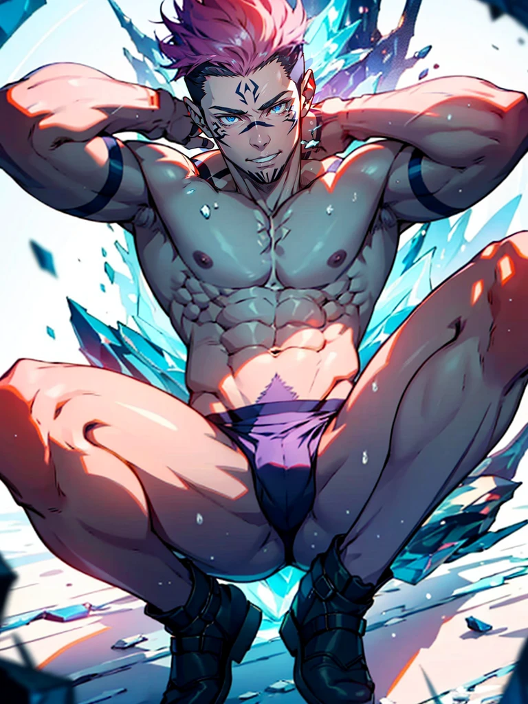 (Masterpiece, best quality),1 boy,Young face,delicate big eyes,Keep your eyes open,The skin is smooth and delicate.,(Obscenity),childhood,side,snow field,large ice cubes,aurora blue purple,obscene expression,large blue-white ice cubes,Short round face,Flat chin,Smooth and detailed face,colored panties,Have muscles,pink short hair,blue eyes,Open his eyes wide,complicated,full body,nakedness,Obscenity,colored pantiesน้าน,กล้ามเนื้อabdomen,aurora blue purple,nighttime,aurora blue purple,bright colors,(depth of field:1.2),(abdomen),looking at the audience,Top-down view,snow field,Hanging sleeves,Falling snowflakes,There were many diamond-shaped ice cubes on the ground.,cold temperature,Top-down view, Sett the boss, Sett, The Boss (League of Legends), red hair, crotch tung, Put on panties, He spread his legs., เห็นcrotch tungๆของเขาอย่างสวยงาม, 比基尼, Tiny 比基尼, Detailed picture work, quality painting, Crisp quality,