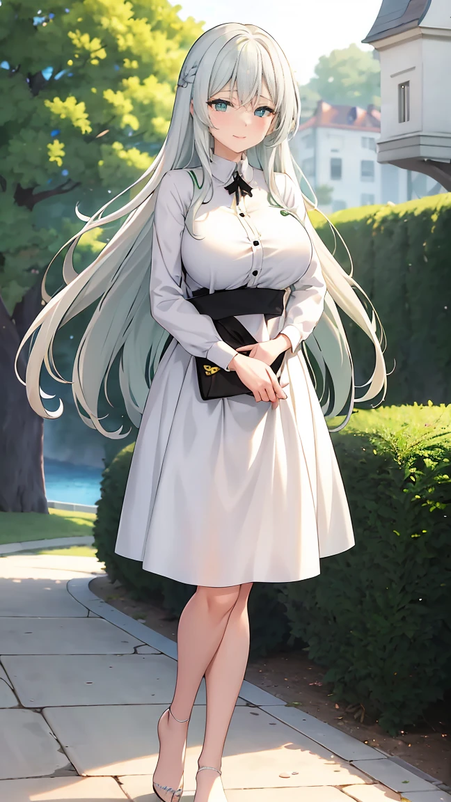 Girl with long green hair,Inner color and white hair、 Beautifully shaped breasts with tension, Green Eyes, White Casual Wear Beauty Special、,Full body photo from head to toe、A dignified atmosphere、Proud person、Attractive adult woman、Confident expression、Sharp Eyes、(Sister)、Older sister、Help when you need it