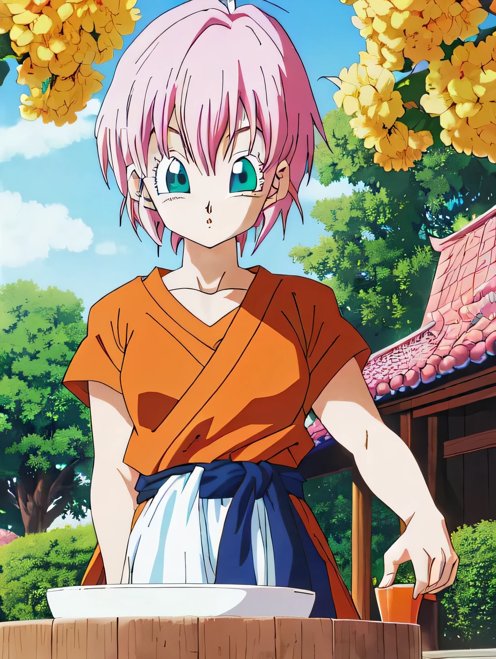 ((Highest quality)), ((masterpiece)), (detailed), ((Akira Toriyama))、One girl, Pink short hair、Blue-green eyes