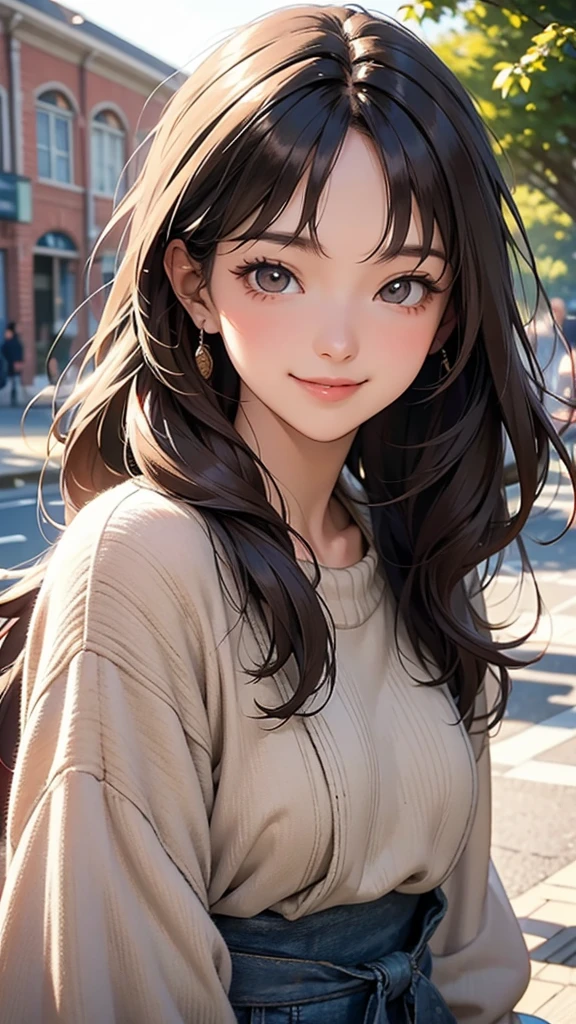 host face, sexy face, high quality, with dark brown long hair and bangs, smiling brightly and warmly. She is wearing a beige cable-knit sweater. The setting is outdoors in front of a red-brick building, possibly a school or university, with a clear, sunny day creating a natural light. The overall atmosphere is bright, cheerful, and friendly. The style should be detailed, glossy, and idealized in the manner of Japanese manga or anime.