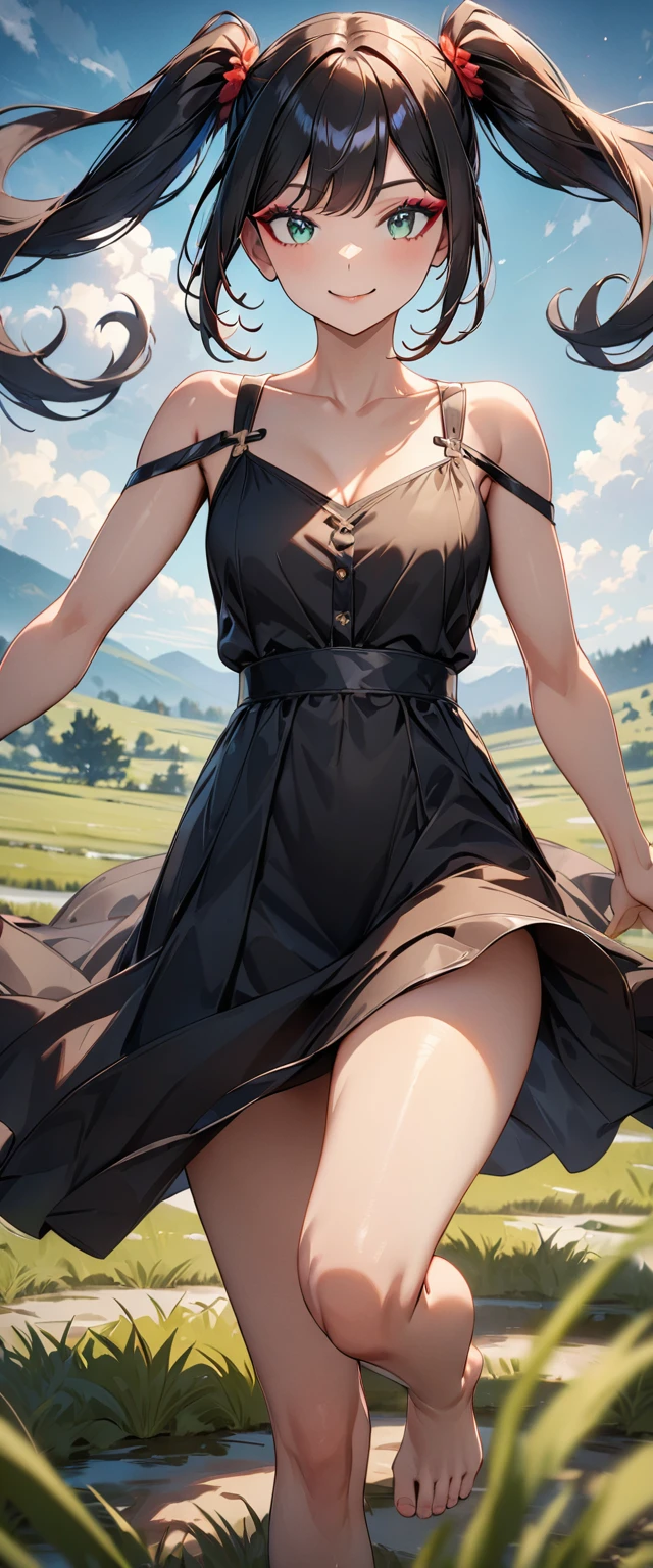 Photo of a woman with natural skin, grassland, Cowboy Shot, Dynamic pose, Smiling, High Twintails, Black hair with red mesh, Sharp eyes with red eyeshadow, Blue-green eyes, Shining eyes, A thin, upturned nose, Well-shaped lips, ((Black off-the-shoulder dress, Thin shoulder straps)), barefoot, Makeup, Exquisitely crafted with the utmost attention to detail, Vibrant, amazing, Smooth, Cinematic, 4K, Backlight, ((綺麗な星空が見える広いgrassland)), Shallow depth of field, ((Detailed eyes:1.3, Detailed lips:1.3, high quality, )), masterpiece, Super detailed images, High quality