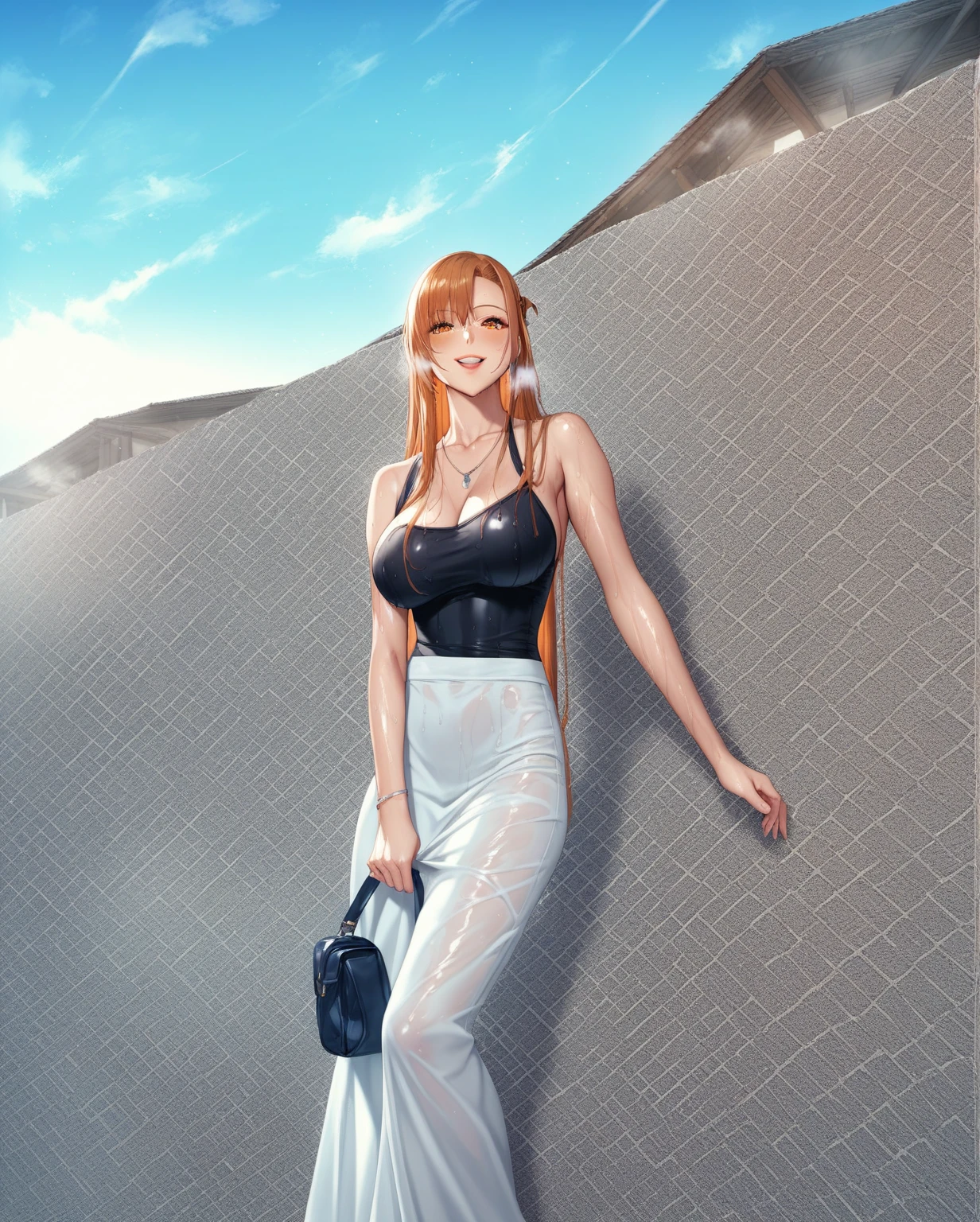 score_9, score_8_up, score_7_up, score_6_up, uncensored, Yuuki Asuna, absurdly long hair, orange eyes, orange hair, very long hair, lips, shiny skin, sweating, wet, wet hair, steaming body, heavy breathing, large breasts, detailed body, detailed eyes, smirk, upper teeth, large breasts, BREAK (masterpiece:1.2), best quality, high resolution, unity 8k wallpaper, (illustration:0.8), (beautiful detailed eyes:1.6), extremely detailed face, perfect lighting, extremely detailed CG, (perfect hands, perfect anatomy),