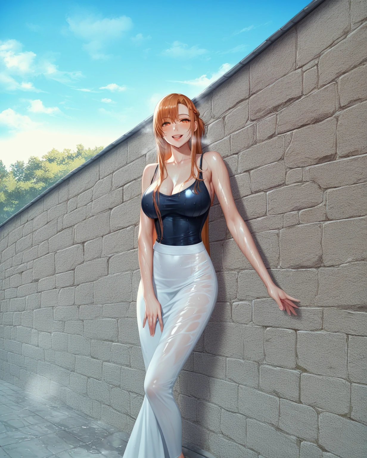 score_9, score_8_up, score_7_up, score_6_up, uncensored, Yuuki Asuna, absurdly long hair, orange eyes, orange hair, very long hair, lips, shiny skin, sweating, wet, wet hair, steaming body, heavy breathing, large breasts, detailed body, detailed eyes, smirk, upper teeth, large breasts, BREAK (masterpiece:1.2), best quality, high resolution, unity 8k wallpaper, (illustration:0.8), (beautiful detailed eyes:1.6), extremely detailed face, perfect lighting, extremely detailed CG, (perfect hands, perfect anatomy),  