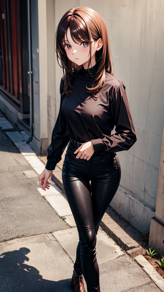 woman, brown hair, black long sleeve shirt black pants