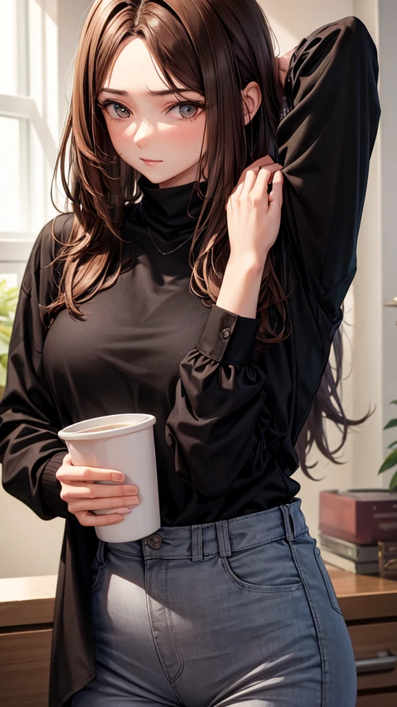woman, brown hair, black long sleeve shirt black pants