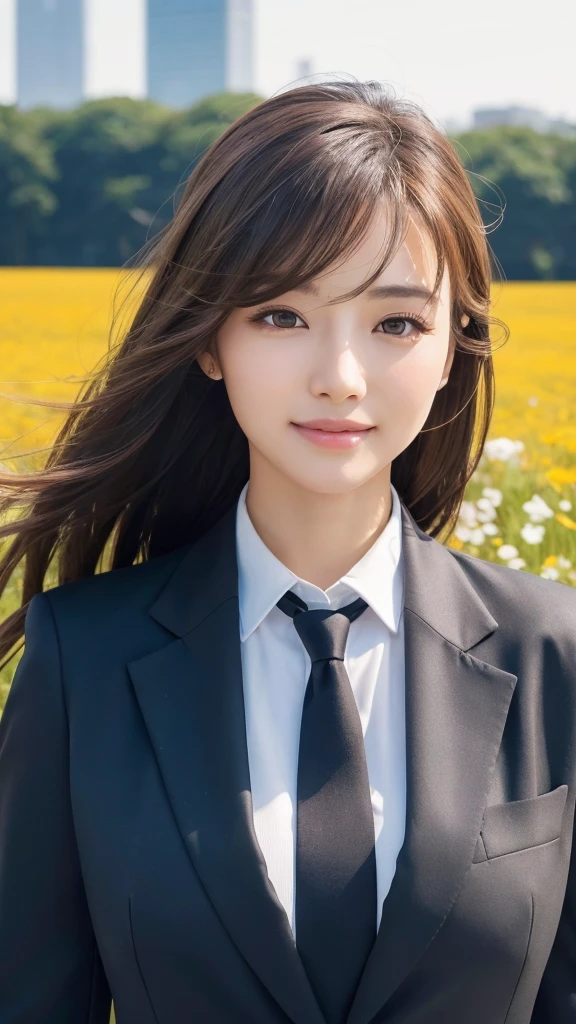 highest quality、genuine、Super detailed、finely、High resolution、8k wallpaper、one beautiful woman、、、light brown disheveled hair、wearing a business suit、sharp focus、perfect dynamic composition、beautiful and detailed eyes、thin hair、Detailed genuine skin texture、smile、model body shape、In Tokyo at morning、In a windswept meadow
