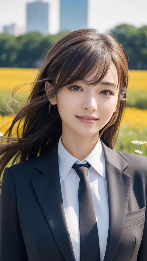 highest quality、genuine、Super detailed、finely、High resolution、8k wallpaper、one beautiful woman、、、light brown disheveled hair、wearing a business suit、sharp focus、perfect dynamic composition、beautiful and detailed eyes、thin hair、Detailed genuine skin texture、smile、model body shape、In Tokyo at morning、In a windswept meadow