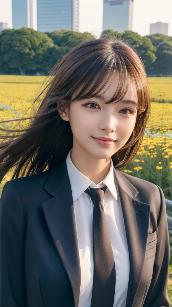 highest quality、genuine、Super detailed、finely、High resolution、8k wallpaper、one beautiful woman、、、light brown disheveled hair、wearing a business suit、sharp focus、perfect dynamic composition、beautiful and detailed eyes、thin hair、Detailed genuine skin texture、smile、model body shape、In Tokyo at morning、In a windswept meadow