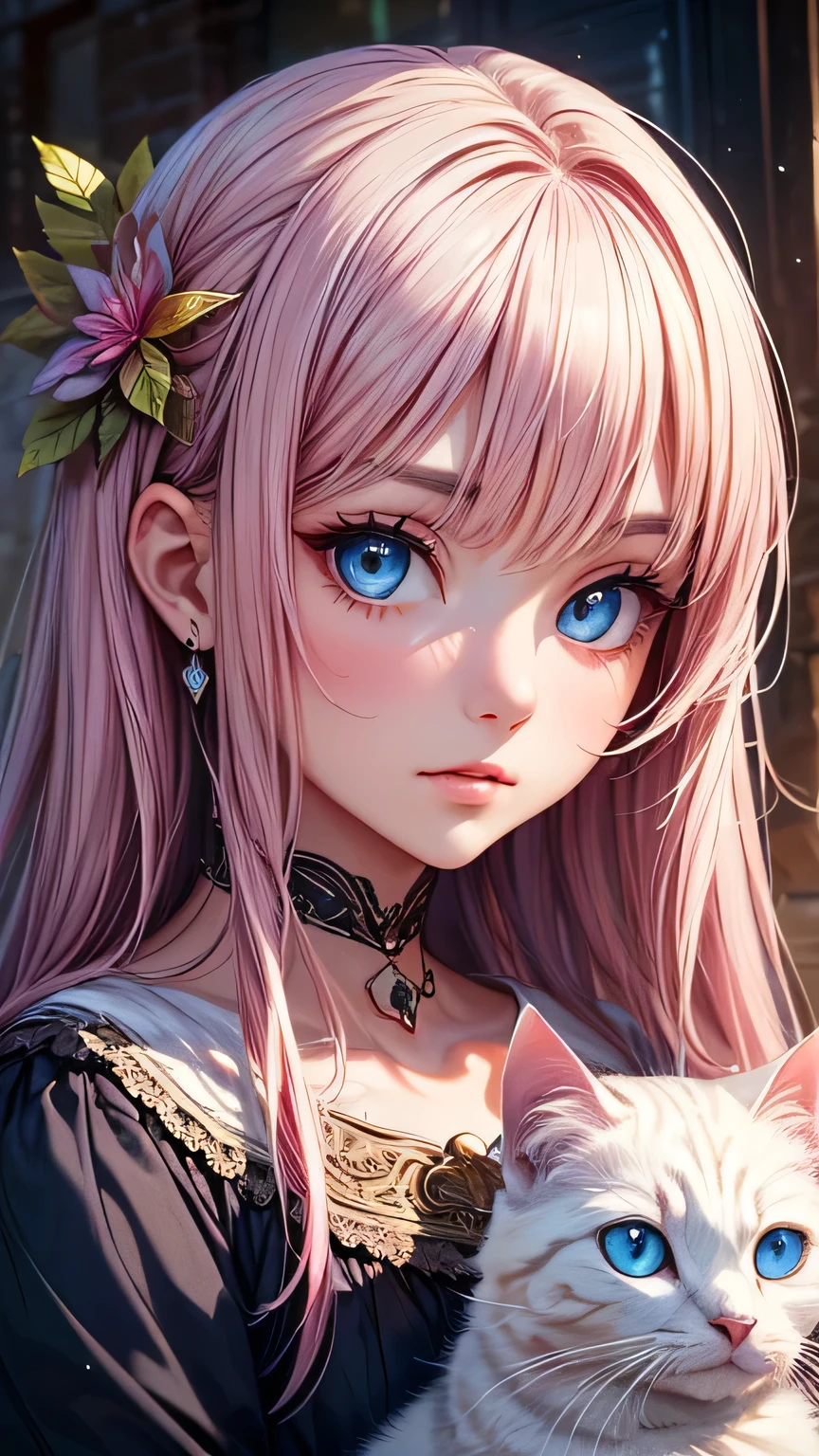 ((Highest quality, 16K, masterpiece: 1.3)), (Very delicate and beautiful face), (Beautiful eyes in every detail),,Girl with cat, White Cat, Pink Hair、blue eyes, Avatar,