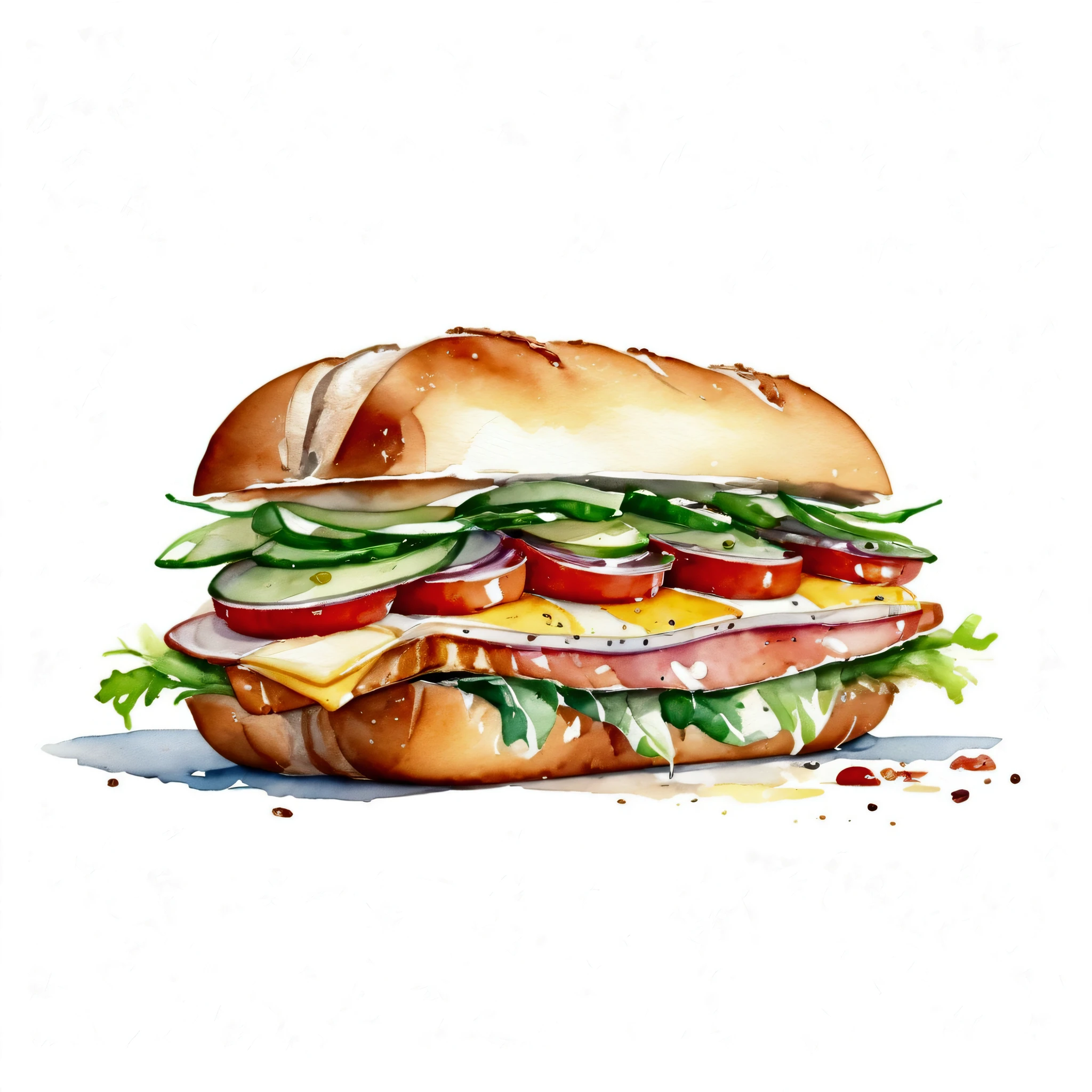 big tasty fresh sandwich, isolated with solid white background, surrounded with negative space, centered composition, 8k, highest detailed painting, very precise painting, Isolated, clear solid white background, perspective angle of view, cartoon style, ((watercolor:1)), clip art, (lora:add-detail-xl:1), (masterpiece), (best quality),