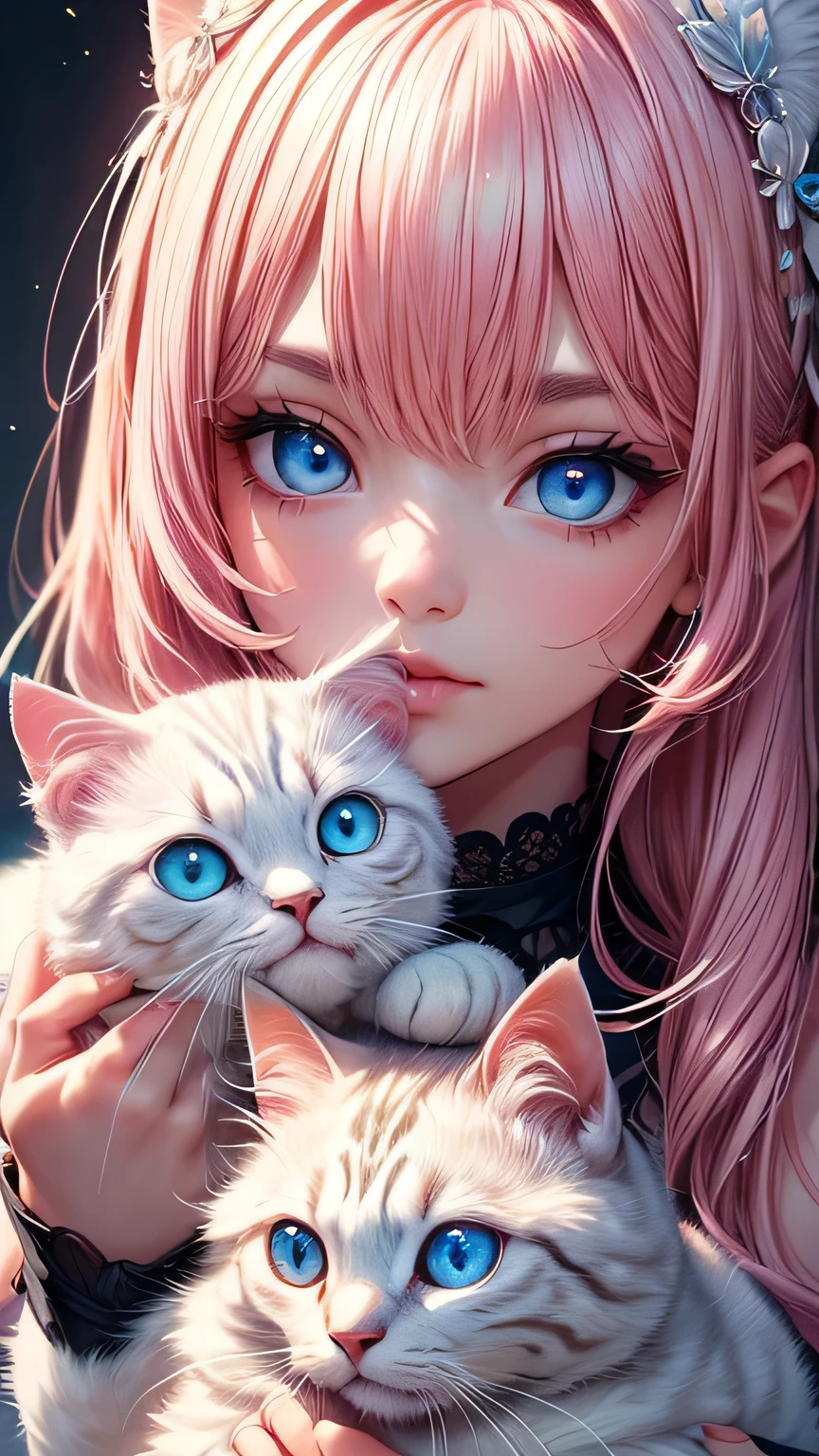 ((Highest quality, 16K, masterpiece: 1.3)), (Very delicate and beautiful face), (Beautiful eyes in every detail),,Girl with cat, White Cat, Pink Hair、blue eyes, Avatar,
