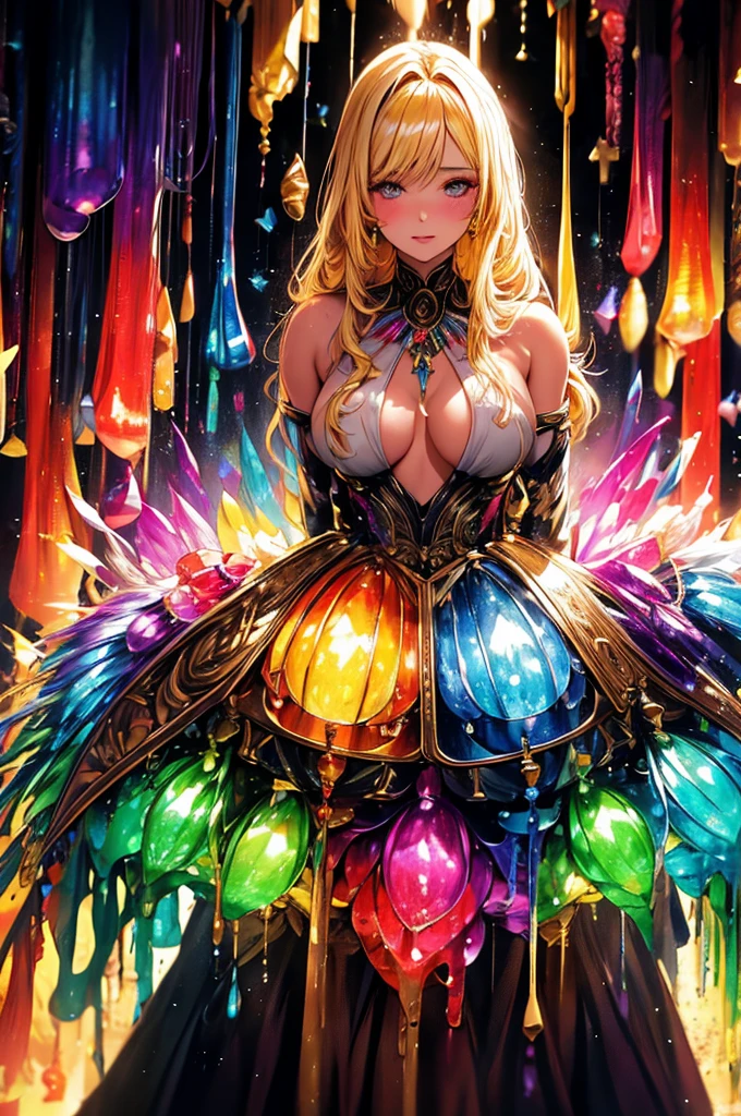 Beautiful blonde woman, The wax dress melts and drips off her body. (masterpiece: 1.2), (Highest quality), 4K, Super detailed, (Dynamic configuration: 1.4), Very detailed, Colorful details, (Rainbow colors: 1.2), (Bright lighting, Atmospheric lighting), dream-like, Magic, (alone: 1.2)