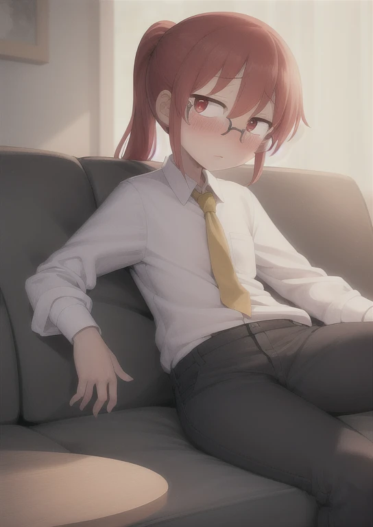 (masterpiece, best quality:1.2), extremely detailed, soft ambient lighting, sharp focus, 4K, BREAK kobayashi \(maidragon\), 1girl, solo, ponytail, glasses, sanpaku, red eyes, white shirt, red hair, collared shirt, pants, yellow tie, flat chest, BREAK indoors, living room, lying on couch, drowsy, looking at viewer, blush,