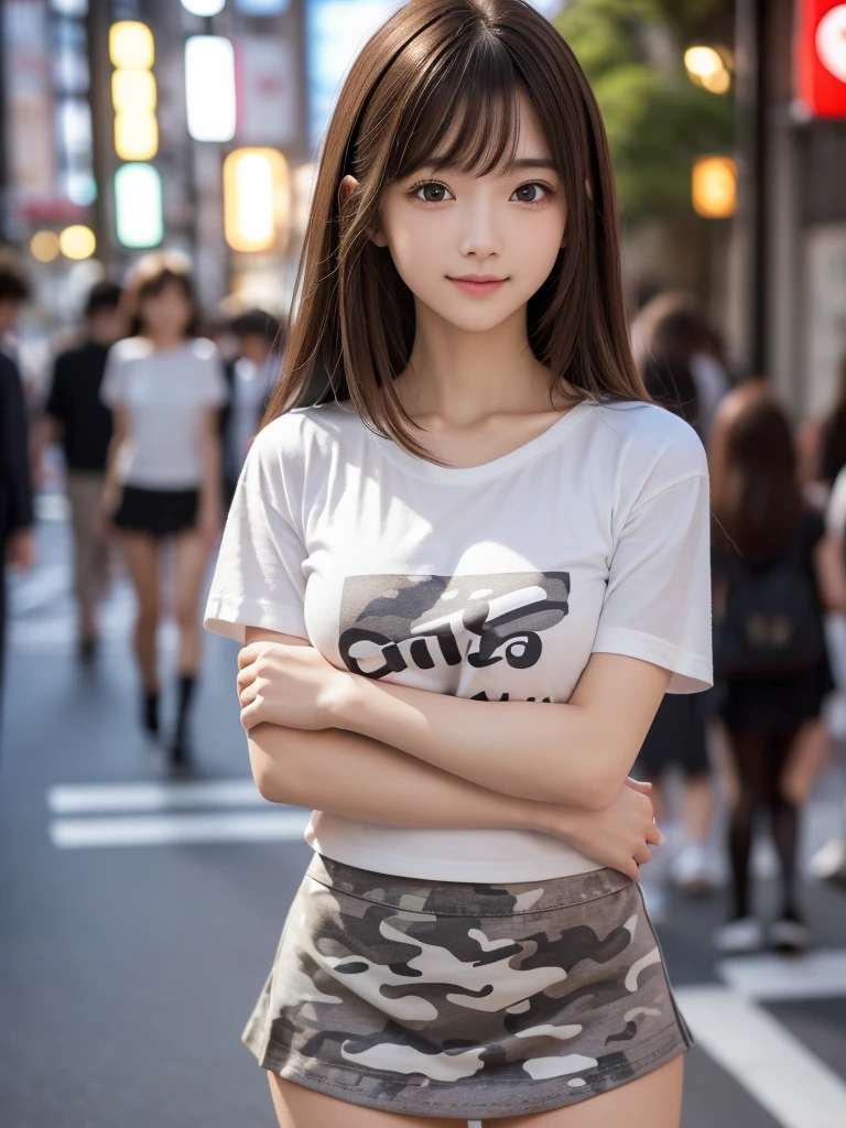 (8K, RAW Photos, Highest quality, masterpiece:1.2), (Realistic, photo-Realistic:1.4), (Highly detailed 8K wallpapers), ((Full Body Shot)), (1 girl), Sharp focus, Depth of written boundary, Cinematic lighting, Soft Light, 緻密な美しさのeye, eye_Chan, Very beautiful  girl, innocent big eyes, Realistic, photo Realistic, Highly detailed cute girl, (Thin thighs), (Model Body Type), 18-year-old, ((White and grey camouflage short-sleeved T-shirt)), ((Black micro mini tight skirt)), (((Fold your arms in front of your chest and act arrogantly))), ((A happy smile)), Parted lips, Watching the audience, (On the streets of Tokyo) , (Brown Hair),（Long Bob Hair), (Asymmetrical bangs)