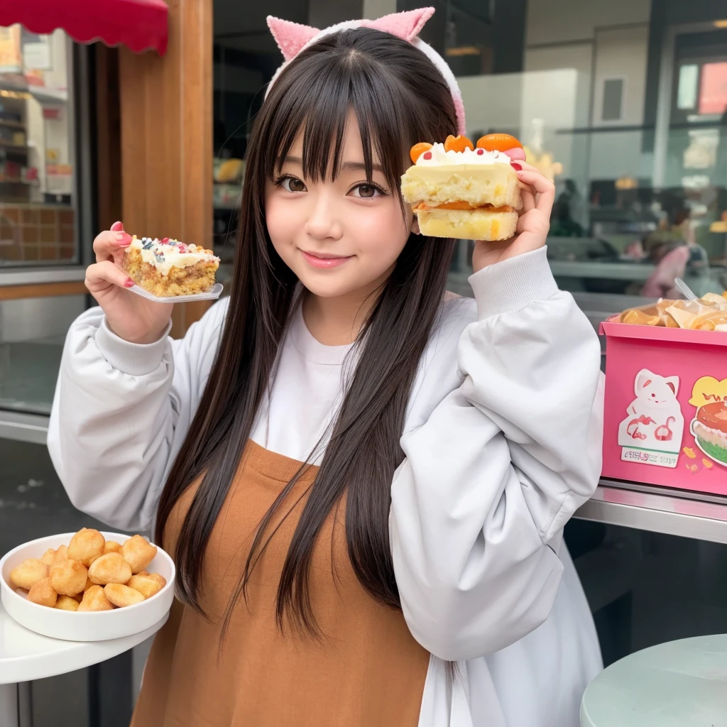 A cute, fat anime character is enjoying eating sweets