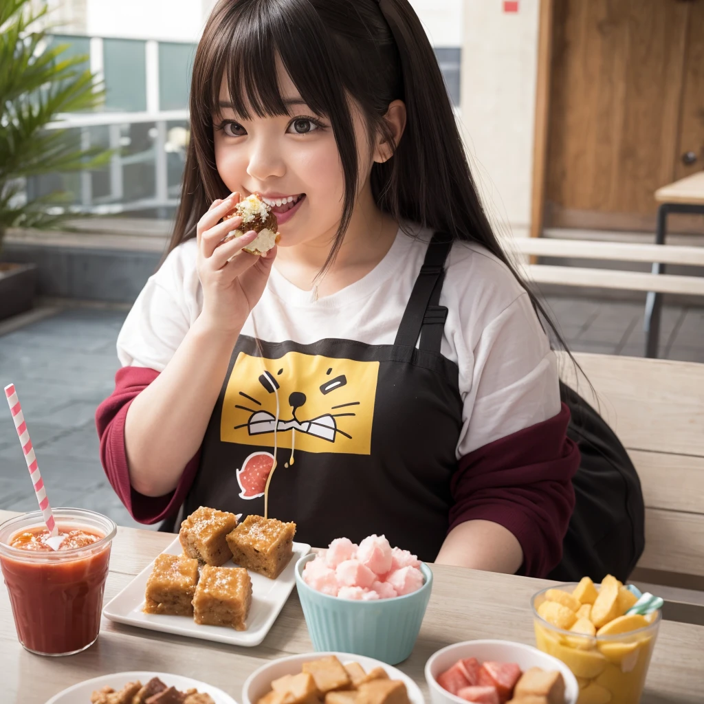 A cute, fat anime character is enjoying eating sweets