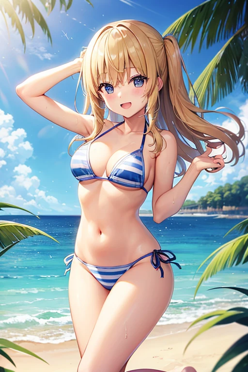 girl、Long blonde、bikini、Seaside、Excited、Splash